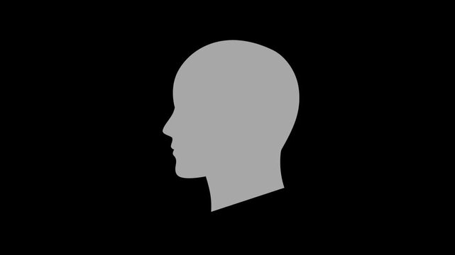 Grey silhouette of a human head with a spinning gear inside on a black background. Representing mental processes and psychology.