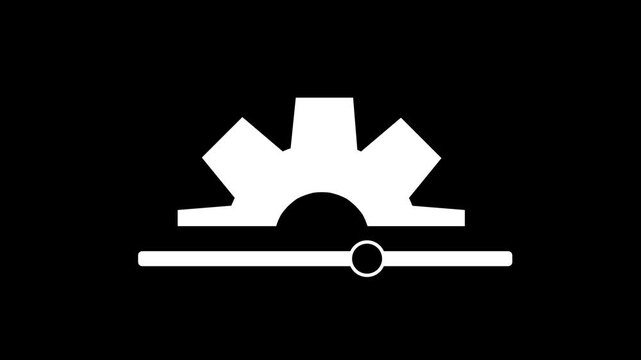 White half-gear icon with a sliding bar animation on a black background. Minimalist motion graphic for settings and configuration.