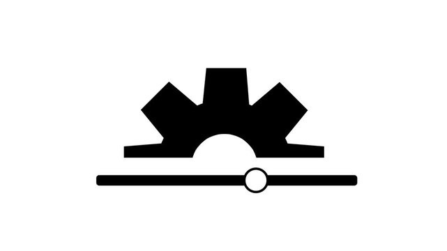 Black half-gear icon with a sliding bar animation on a white background. Minimalist motion graphic for settings and configuration.