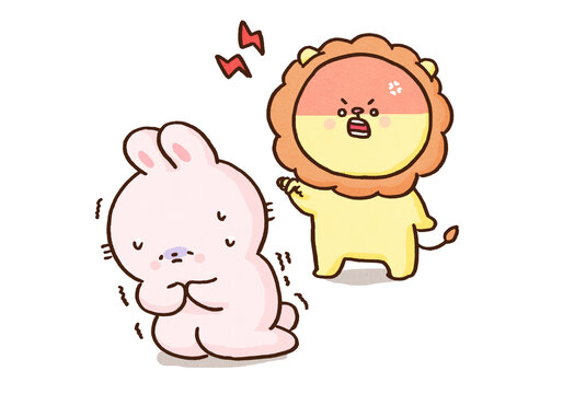 Rabbit cowering in fear while an angry lion yells, verbal abuse or mental domestic violence concept