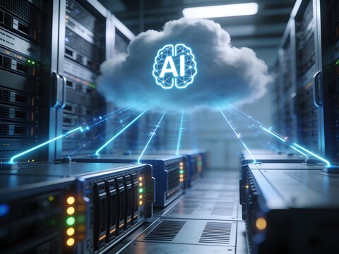 Ai cloud computing infrastructure data processing and connectivity, in server room with high-tech equipment, with servers, cloud icon, neon