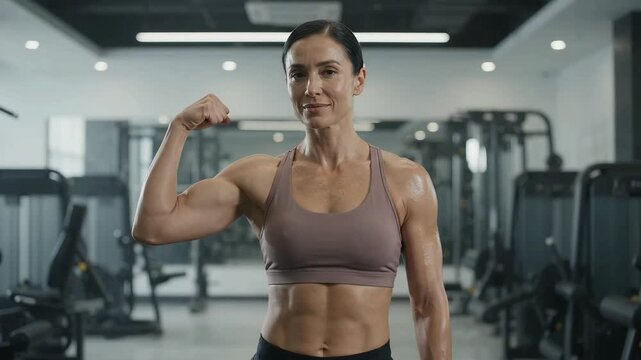 Muscular mature woman flexing bicep in modern gym. Athletic female athlete with sweaty skin, defined abs, wearing sports bra. Bright fitness center.