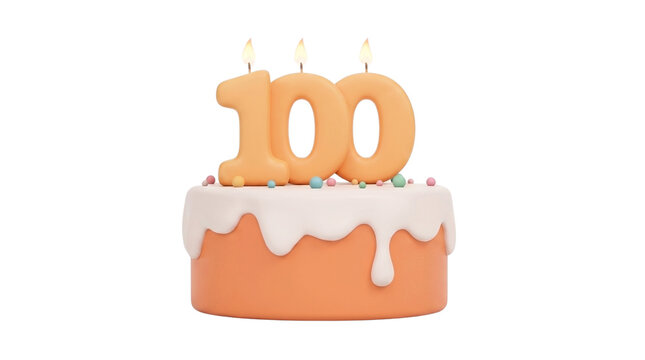 One hundred birthday cake with lit candles 3d illustration for 100th anniversary celebration orange frosted dessert for milestone events graphics.