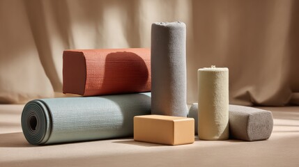 Obraz premium Close-up of yoga mats, water bottles, and towels in a studio, soft focus background