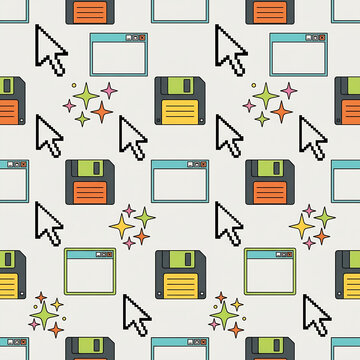 Retro Computer Interface Seamless Pattern Pixel Cursor Floppy Disk Sparkle Icons
