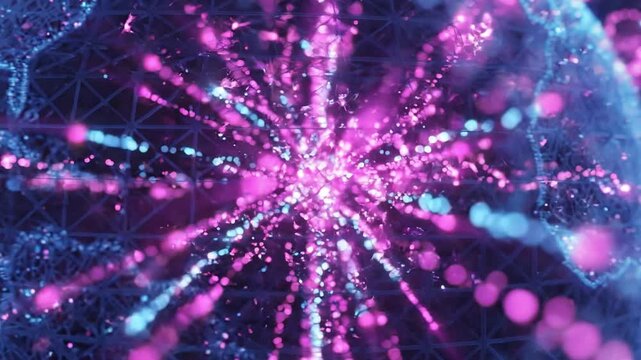 Abstract digital particle explosion with glowing neon pink and blue light rays creating energetic cyber technology network background