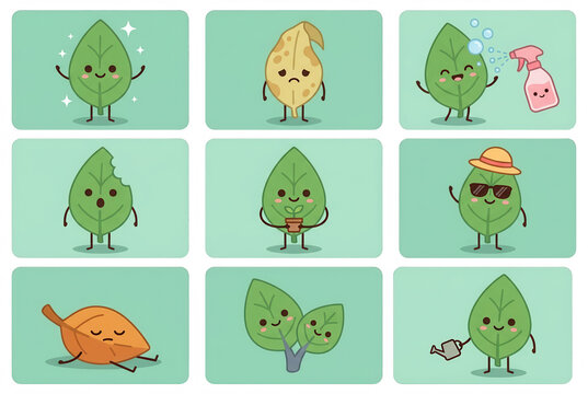Ensemble d'illustrations vectorielles de feuilles mignonnes avec des expressions faciales vari&eacute;es, montrant des &eacute;motions et des activit&eacute;s quotidiennes dans un style cartoon kawaii sur fond vert