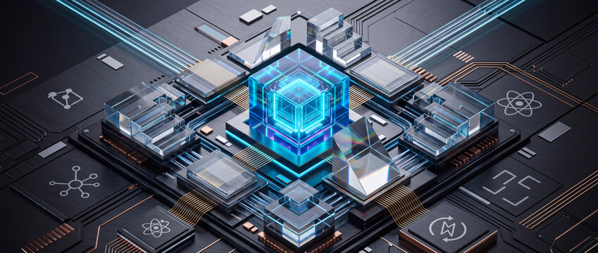 Quantum processor on futuristic circuit board featuring glowing blue crystal core, optical prisms, and gold microchip pathways for high tech computing and scientific hardware concepts