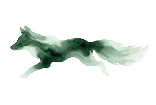 Ilustra&ccedil;&atilde;o art&iacute;stica em aquarela de uma raposa correndo em tons de verde escuro, apresentando um estilo fluido e minimalista com tra&ccedil;os suaves e elegantes isolados sobre um fundo branco puro.