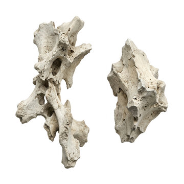 Dois fragmentos de ossos animais antigos e fossilizados com texturas porosas e superf&iacute;cies irregulares, isolados em um fundo branco puro, ideais para estudos cient&iacute;ficos, paleontologia ou design