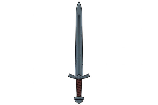 Ilustra&ccedil;&atilde;o vetorial de uma espada medieval cl&aacute;ssica com l&acirc;mina de a&ccedil;o cinza, guarda transversal e cabo envolto em couro marrom, isolada em fundo branco, estilo desenho animado para jogos e fantasia.
