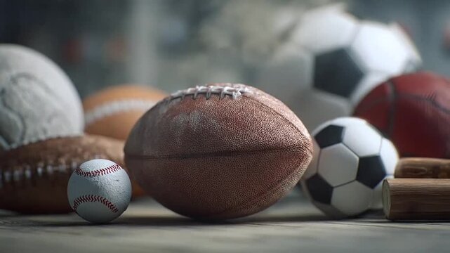 Variety of sports balls including football and soccer.