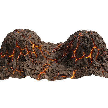 Representa&ccedil;&atilde;o 3D de relevo vulc&acirc;nico com duas montanhas de rocha escura e fendas brilhantes de lava incandescente, isolado em fundo branco.