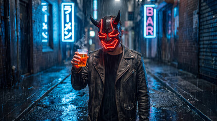 Obraz premium Halloween neon cyberpunk poison cocktails create eerie masked nightlife portrait in rain soaked urban alley