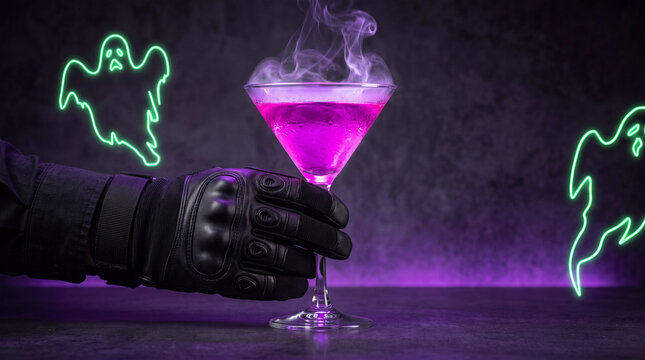 Halloween neon cyberpunk poison cocktail in gloved hand with glowing ghost decoration and smoke