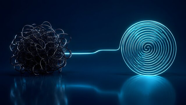 Complex tangled wire transforming into a perfect glowing neon spiral representing simplification clarity and successful business problem solving