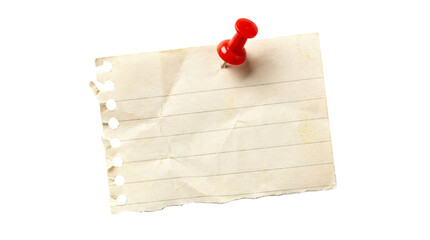 Torn piece of lined paper with vintage texture pinned by a bright red plastic pushpin isolated on transparent background © GrapikHill