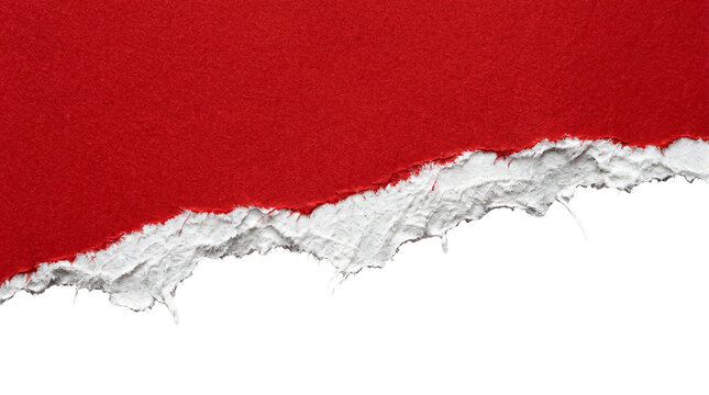 Vivid red paper texture with rough ripped edges showing white fiber details isolated as a decorative element on transparent background