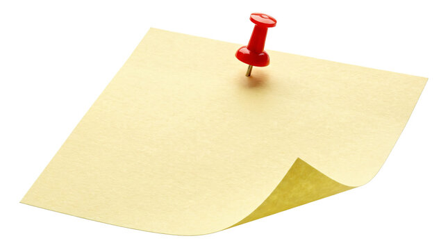 Yellow sticky note attached with a red push pin featuring a curled corner for office reminders displayed on transparent background