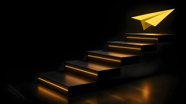 Golden paper airplane taking flight from top of glowing staircase representing career growth business success and achieving ambitious goals
