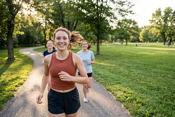 Joyful Young Women Running in Sunny Park, POV Close-Up Snapshot of Friends Jogging Together with Copy Space © Tuna salmon