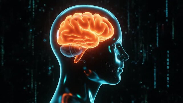 A glowing orange brain within a blue human head against a binary code background makes a perfect theme for artificial intelligence and technology