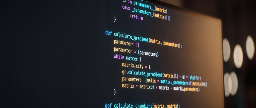 Programming code on computer monitor screen with colorful syntax highlighting in dark mode IDE interface, ideal for software development, IT engineering, and data science concepts