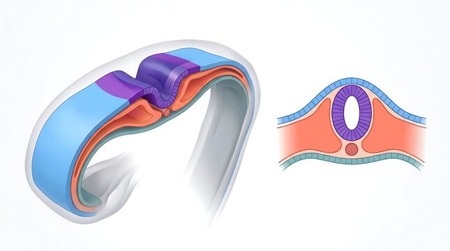 3D medical illustration of neural tube formation and neurulation process in embryonic development with neural crest developmental biology anatomy model 3D render healthcare education medical scie