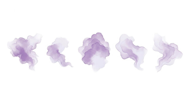 Eine Sammlung von f&uuml;nf abstrakten, violetten Aquarellflecken auf wei&szlig;em Hintergrund, die sich durch weiche, flie&szlig;ende Formen und zarte Farbverl&auml;ufe auszeichnen, ideal f&uuml;r kreative Designprojekte.
