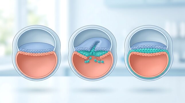 3D medical illustration showing blastocyst development stages and cell division in early pregnancy with embryo stages developmental biology anatomy model 3D render healthcare education human body