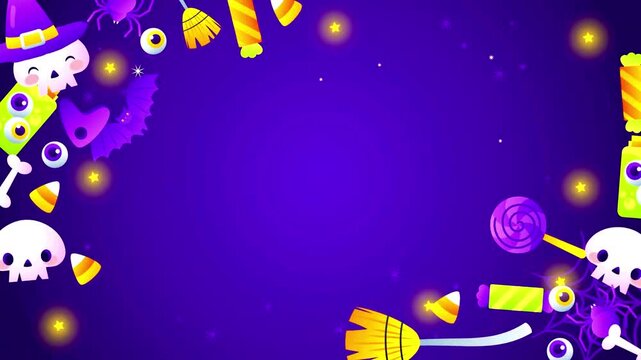 Halloween frame animation featuring cute cartoon skulls and candy on a purple background.