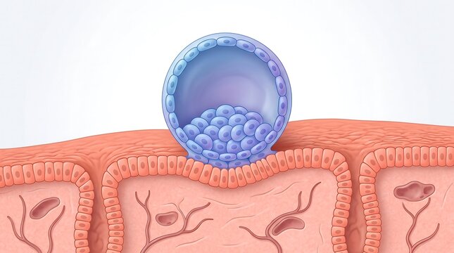 3D medical graphic showing blastocyst implantation into the uterine wall lining with medical animation human embryo pregnancy stage reproduction biology scientific diagram fertility process