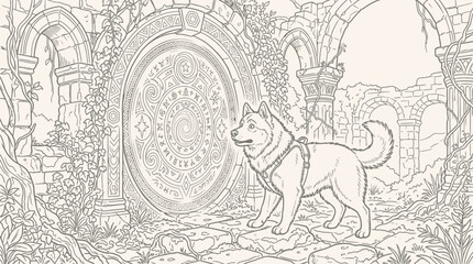 Fototapeta premium Dog standing before a magical stone portal in ancient ruins, fantasy line art illustration.
