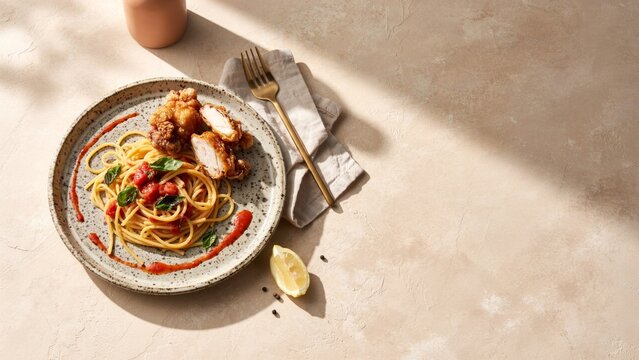 Linguine with fried chicken in a bowl seen from above with chilli lemon and cutlery on beige stone