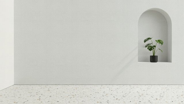 Minimalist empty room interior with a blank white wall and an arched niche holding a small potted plant