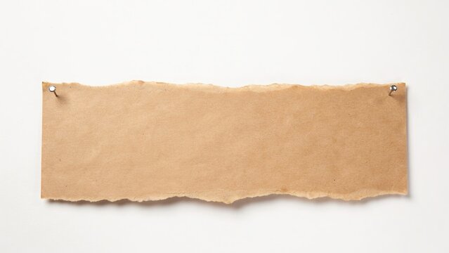 Torn brown kraft paper strip with rough ripped edges on a plain white surface with copy space