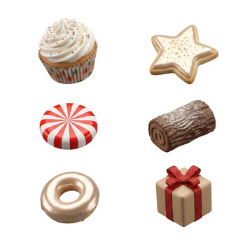 Eine Sammlung von weihnachtlichen S&uuml;&szlig;igkeiten und festlichen Leckereien, darunter ein Cupcake, ein Sternenkeks, ein Pfefferminzbonbon, ein Baumstammkuchen, ein Donut und ein kleines Geschenkpaket.