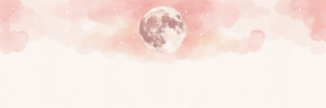 Soft watercolor full moon glowing through dreamy pink clouds with subtle sparkles Watercolor Background.