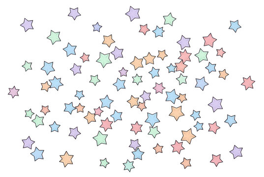 Fondo festivo con confeti de estrellas de colores pastel dispersas sobre un fondo blanco limpio, ideal para celebraciones, cumplea&ntilde;os, tarjetas de felicitaci&oacute;n, dise&ntilde;o gr&aacute;fico y proyectos creativos.