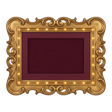 Marco rectangular de estilo barroco ornamentado en color dorado con luces LED integradas y un fondo interior de terciopelo color burdeos, ideal para exhibiciones elegantes, carteles o marcos de fotos.