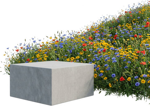 Un podio de exhibici&oacute;n de hormig&oacute;n gris liso posicionado frente a un vibrante campo de flores silvestres coloridas, incluyendo amapolas rojas, flores azules y amarillas, sobre un fondo blanco aislado.