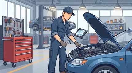 Naklejka premium Faceless cartoon male mechanic inspecting a car engine with diagnostic equipment inside a modern automotive repair workshop.