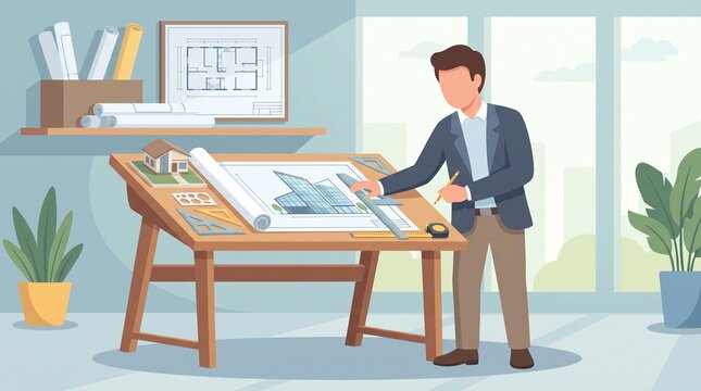 Faceless cartoon male architect reviewing a building blueprint at a professional design studio with architectural tools and miniature construction model.