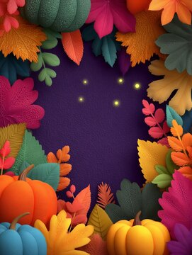 Vibrant autumn harvest frame with textured leaves, orange teal yellow pumpkins, fireflies, and purple background with Thanksgiving copy space.