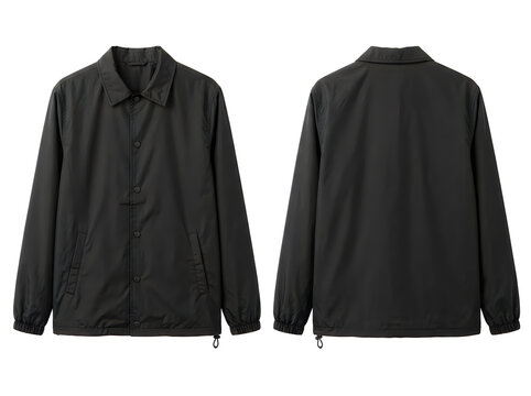 Black coach jacket front and back view isolated on white background