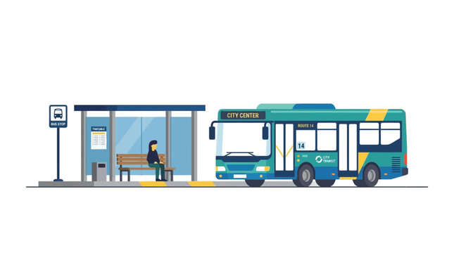 City Bus Arriving at Bus Stop with Passenger Vector