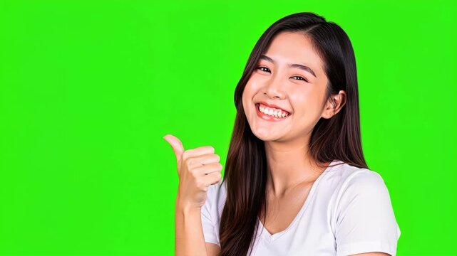 Happy Woman Thumbs Up: A young Asian woman with a radiant smile gives a confident thumbs-up gesture against a vibrant green screen background, expressing positivity and approval.
