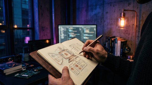 Creative Designer Sketching User Interface Elements On A Tablet