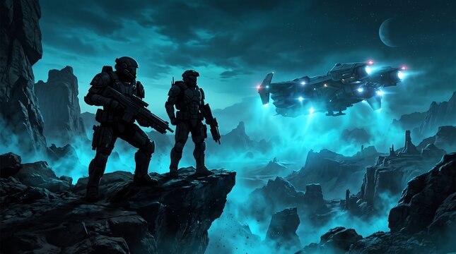 Sci-fi troopers standing on cliff watching spaceship arrive