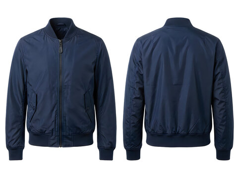 Front and back view of a blue bomber jacket for men isolated on white background
